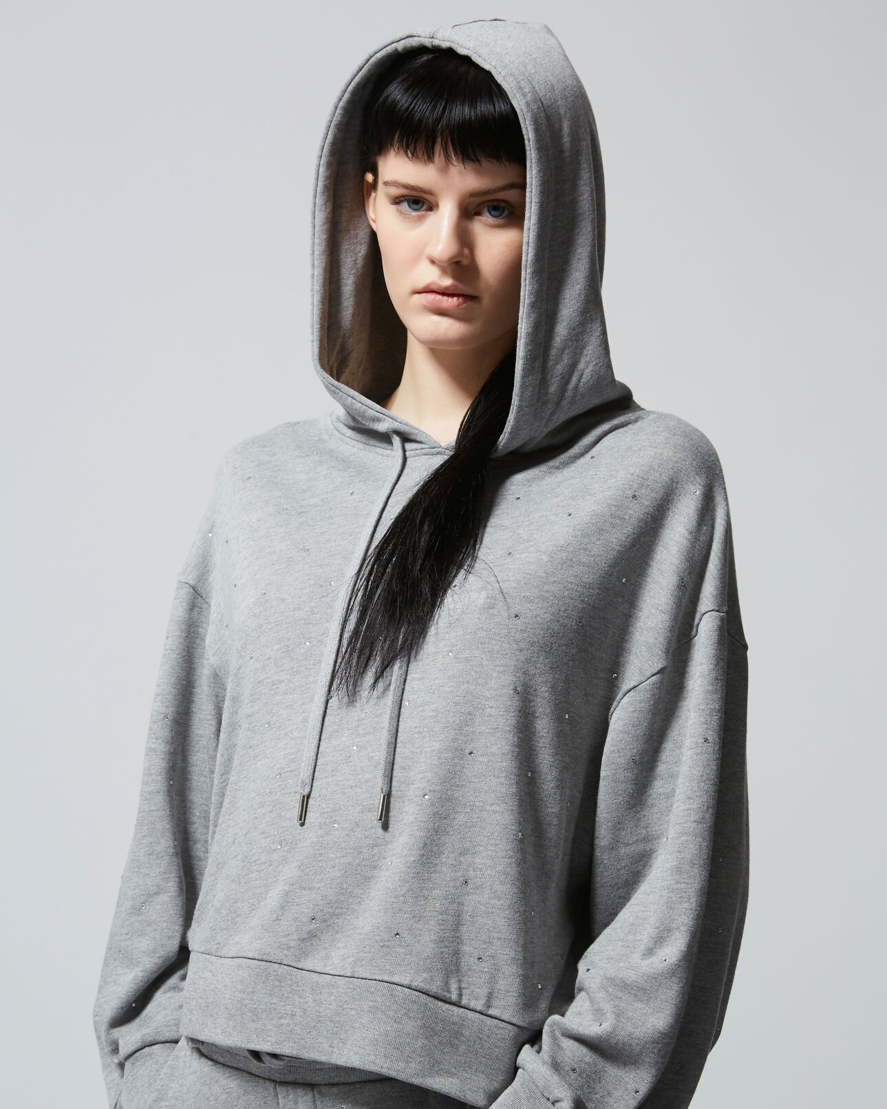 The Kooples WOMEN GREY MELANGE grey hoodie with rhinestones all over