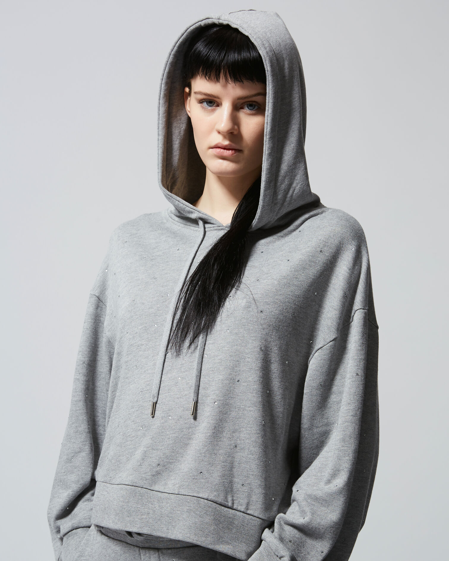 Grey hoodie with rhinestones all over, GREY MELANGE, hi-res image number null