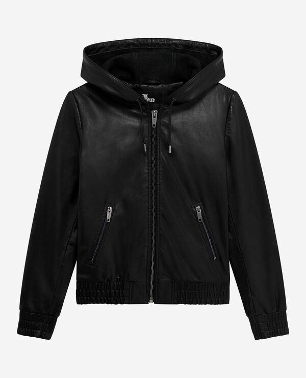 The Kooples FEMME BLACK blouson à capuche en cuir noir
