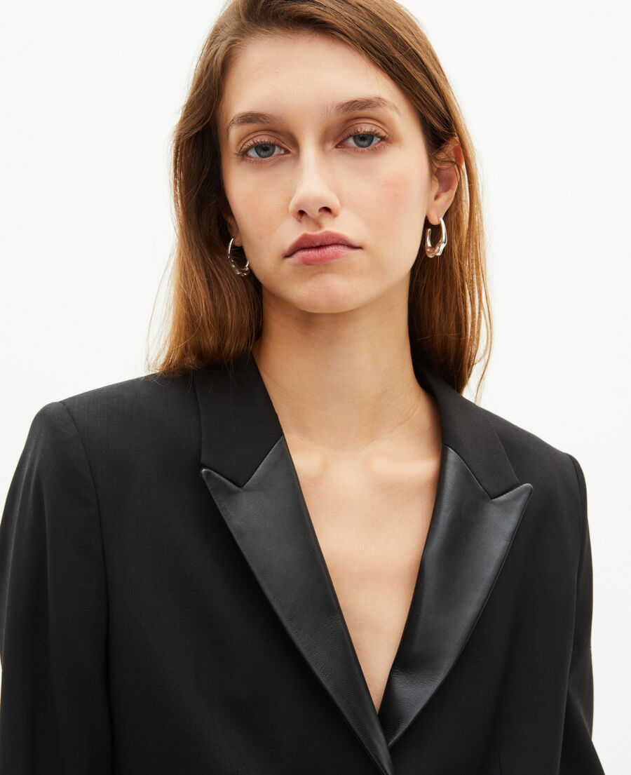The Kooples FEMME BLACK robe courte en laine et col en cuir noire