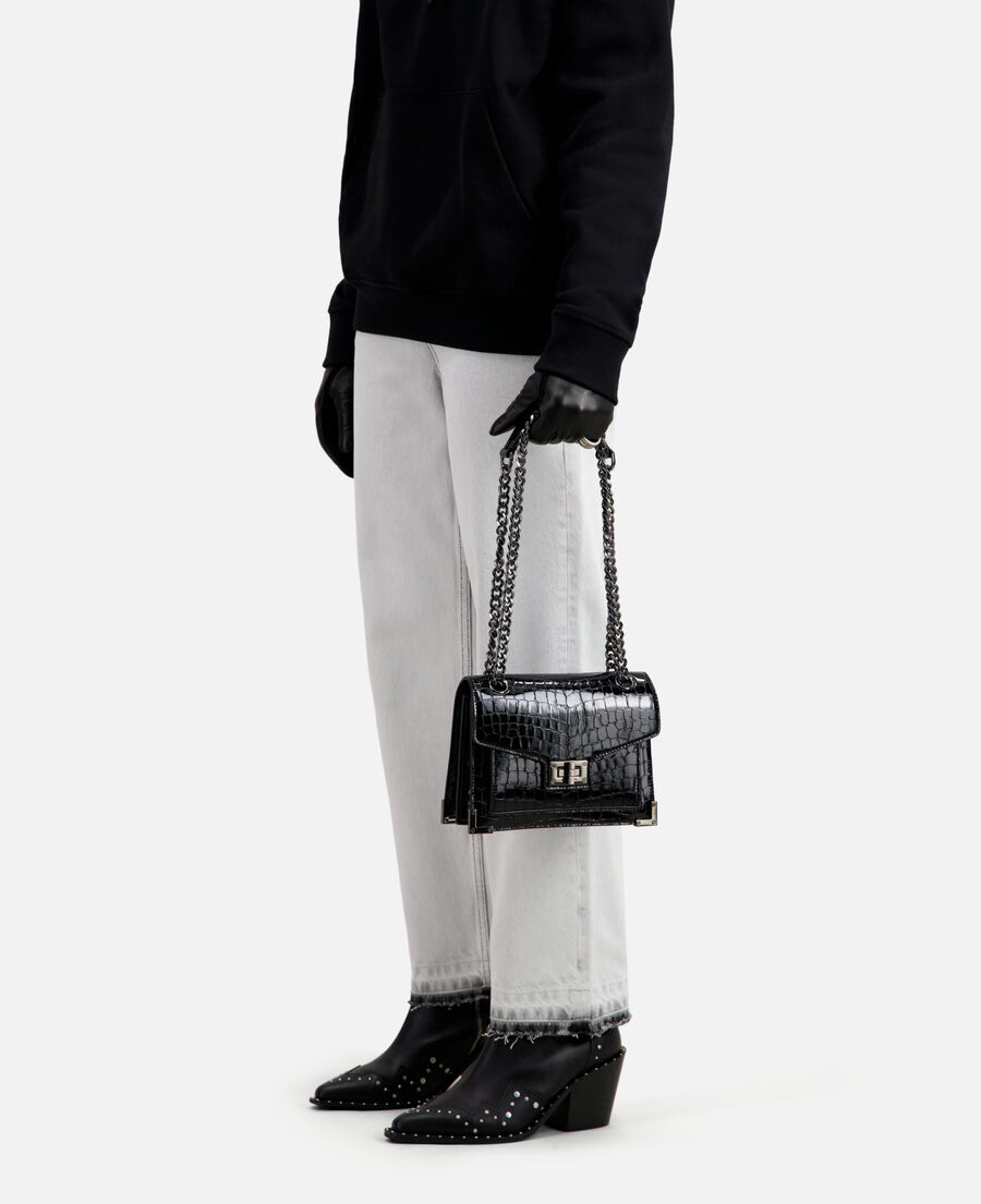 emily chain bag in black crocodile-effect leather