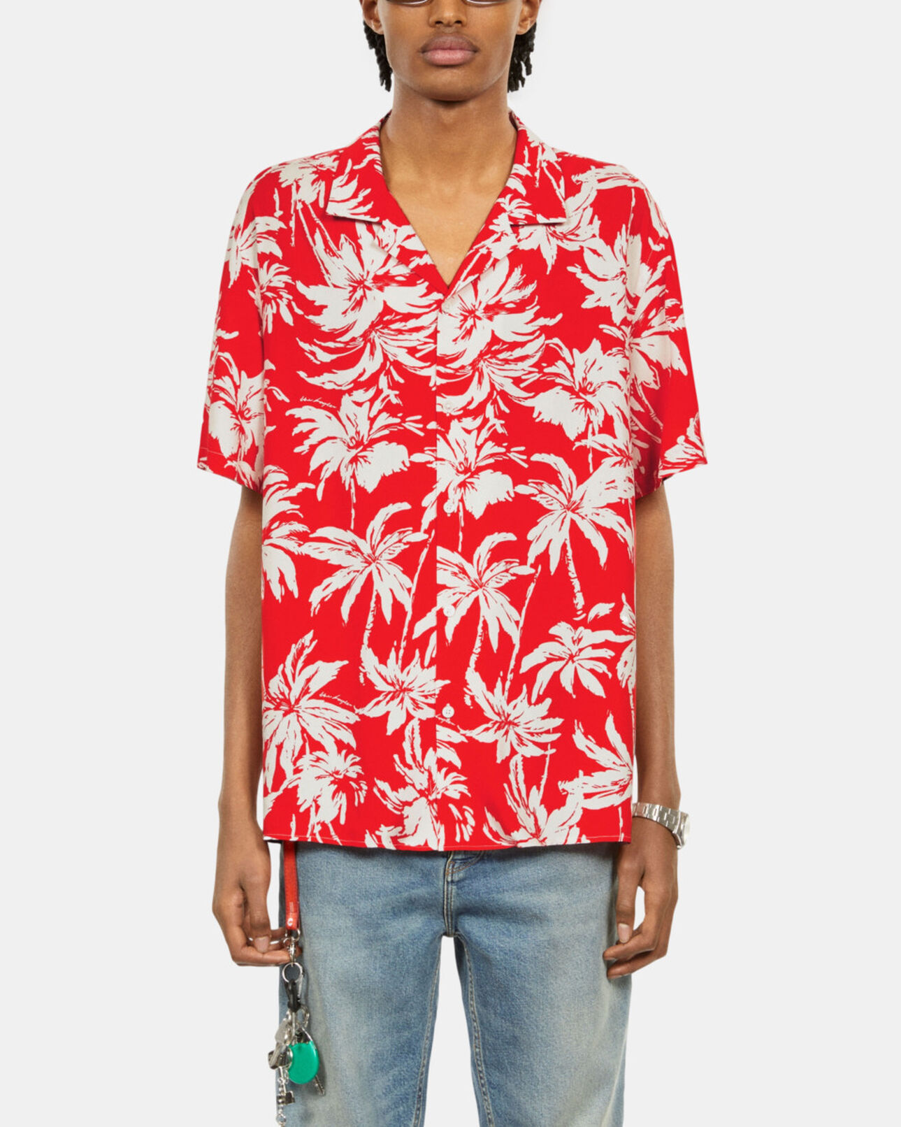 The Kooples MEN RED / WHITE red palm tree print short sleeve shirt