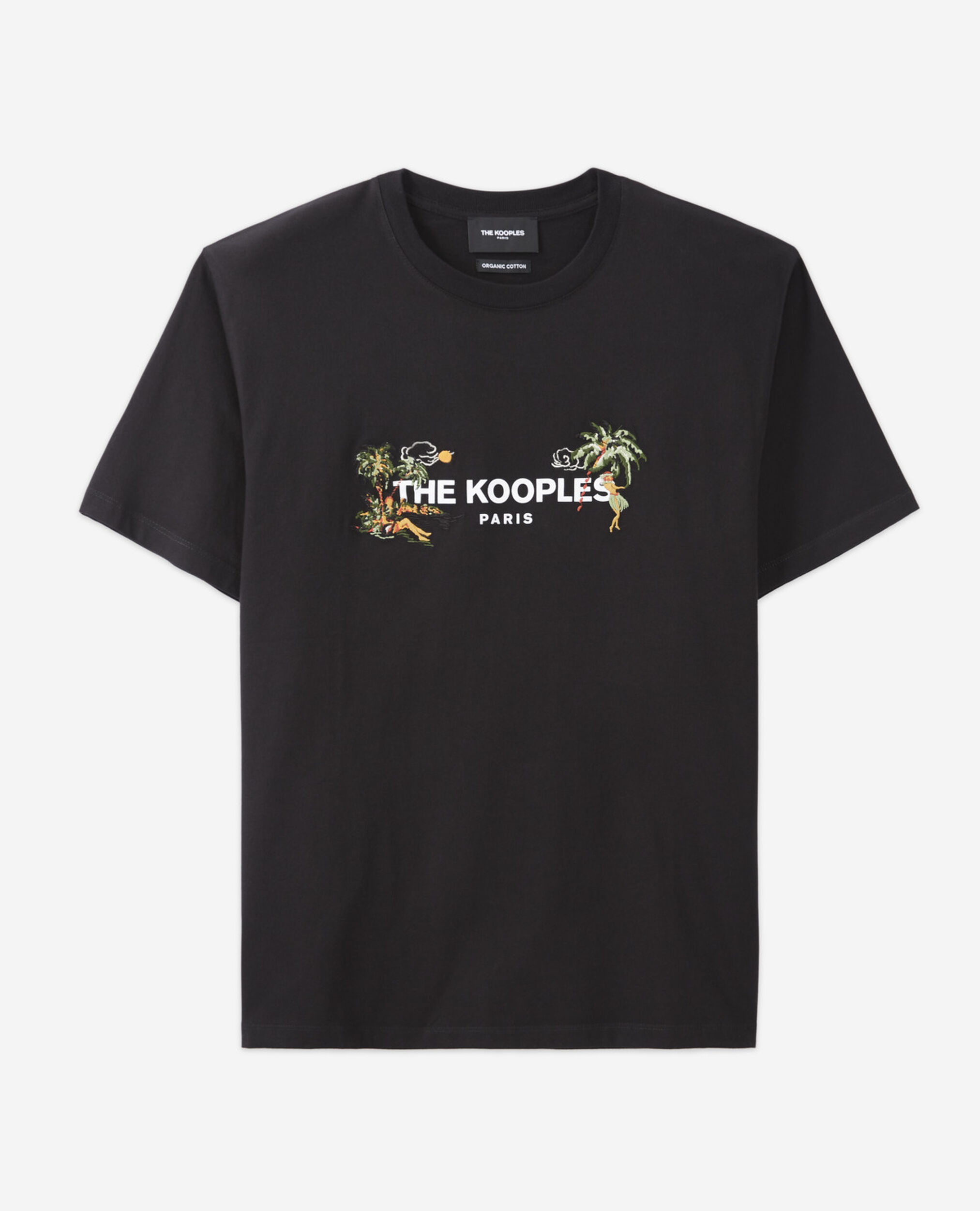 Black crew neck T-shirt with Hawaiian motif, BLACK, hi-res image number null