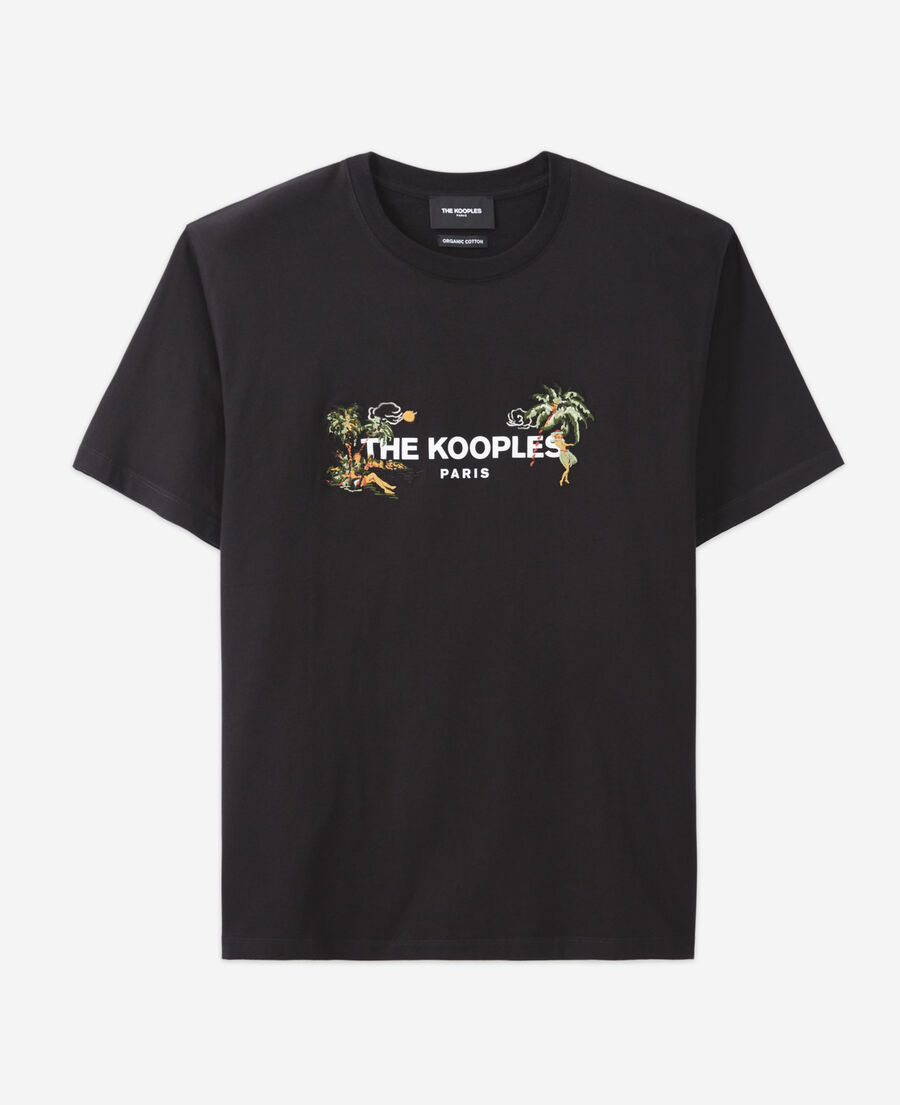 black crew neck t-shirt with hawaiian motif