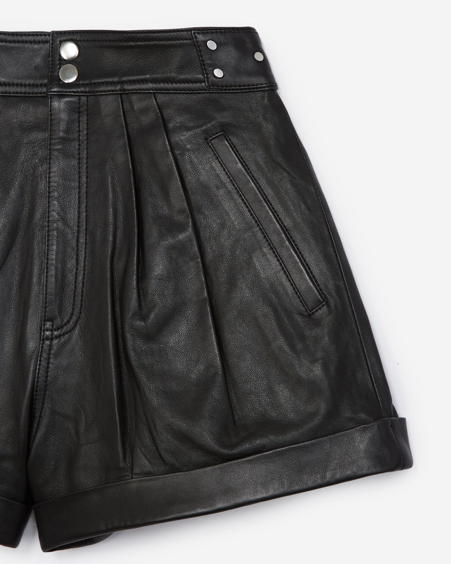 High-waisted black leather shorts with ties, BLACK, hi-res image number null