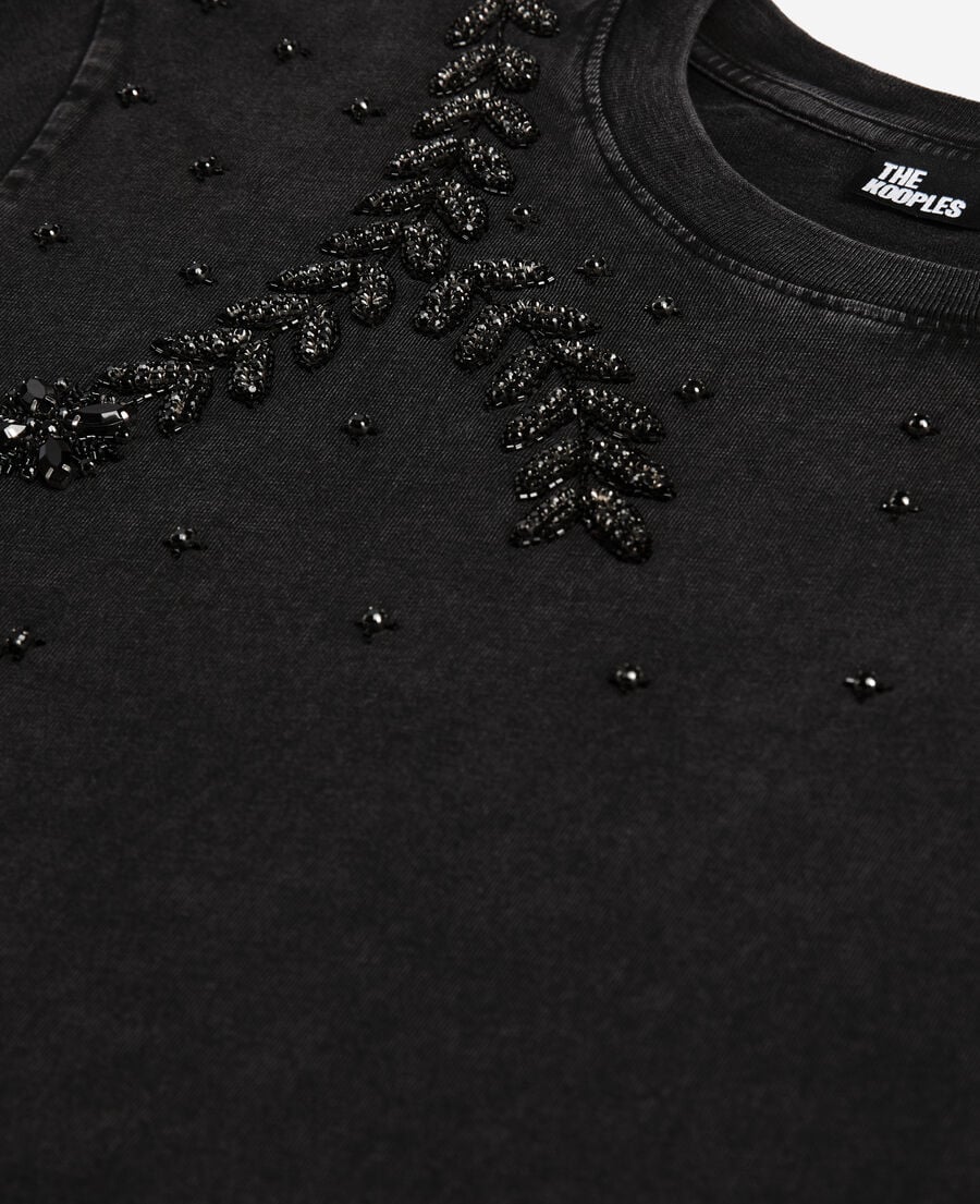 The Kooples F BLACK WASHED black t-shirt with bijou embroidery