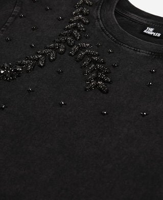 The Kooples F BLACK WASHED black t-shirt with bijou embroidery