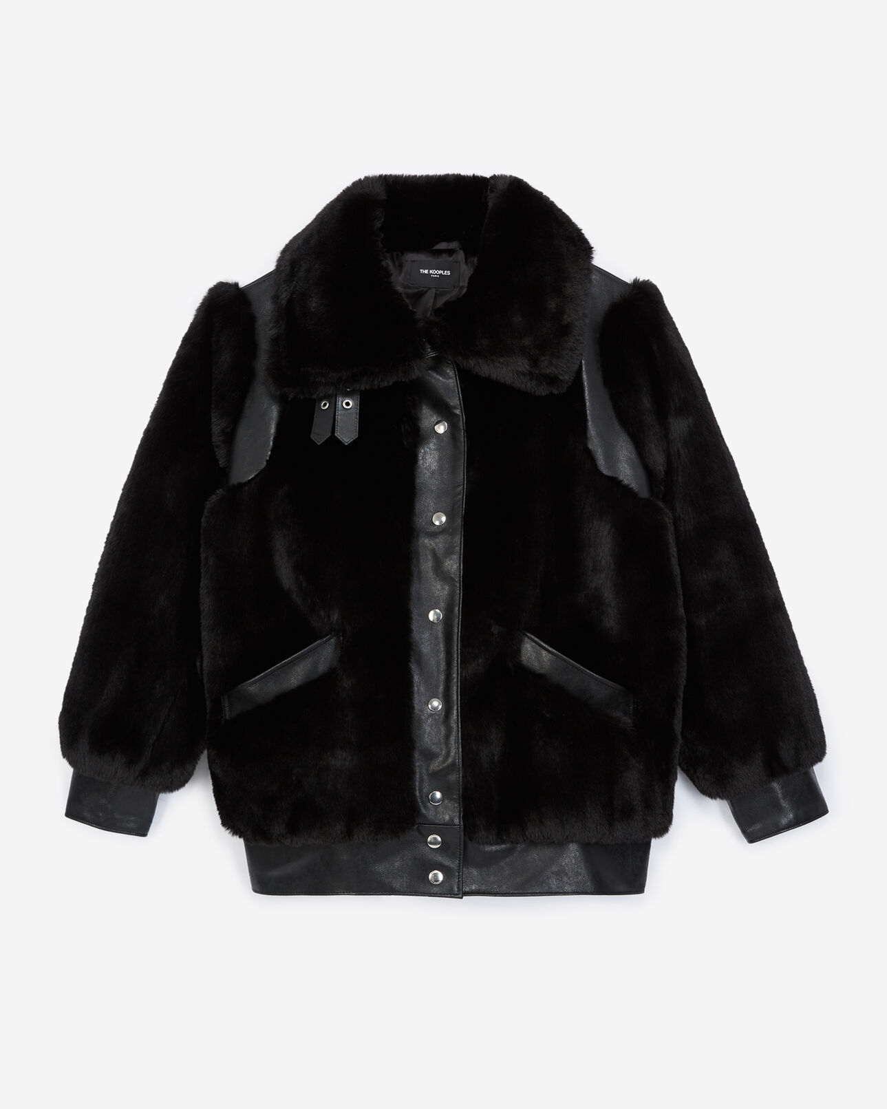 The Kooples WOMEN BLACK black faux fur coat with leather detail