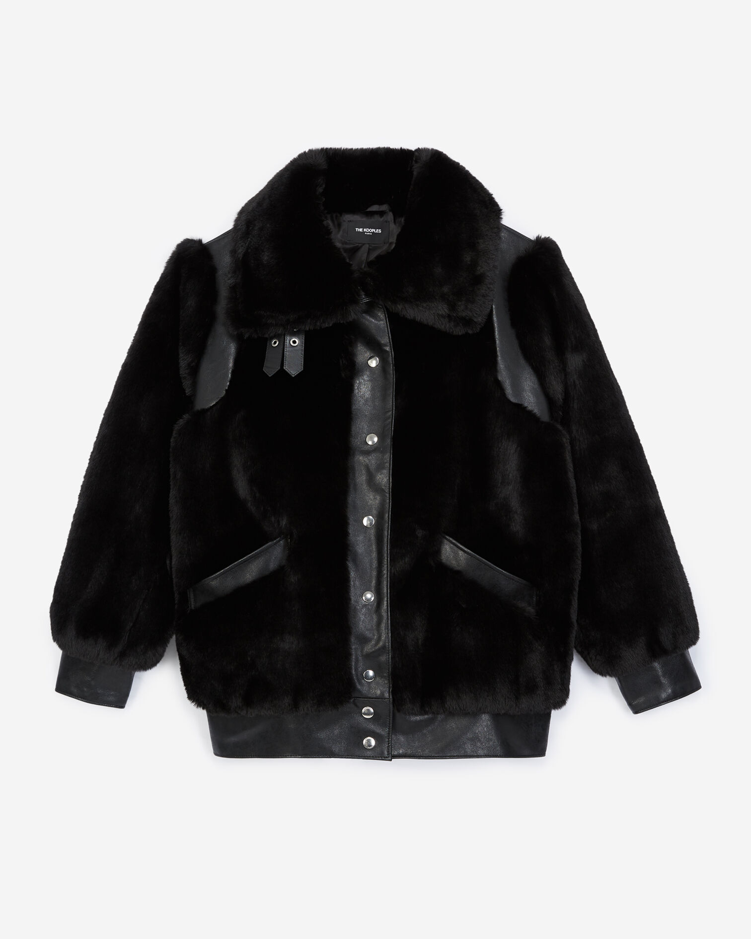 Black faux fur coat with leather detail, BLACK, hi-res image number null