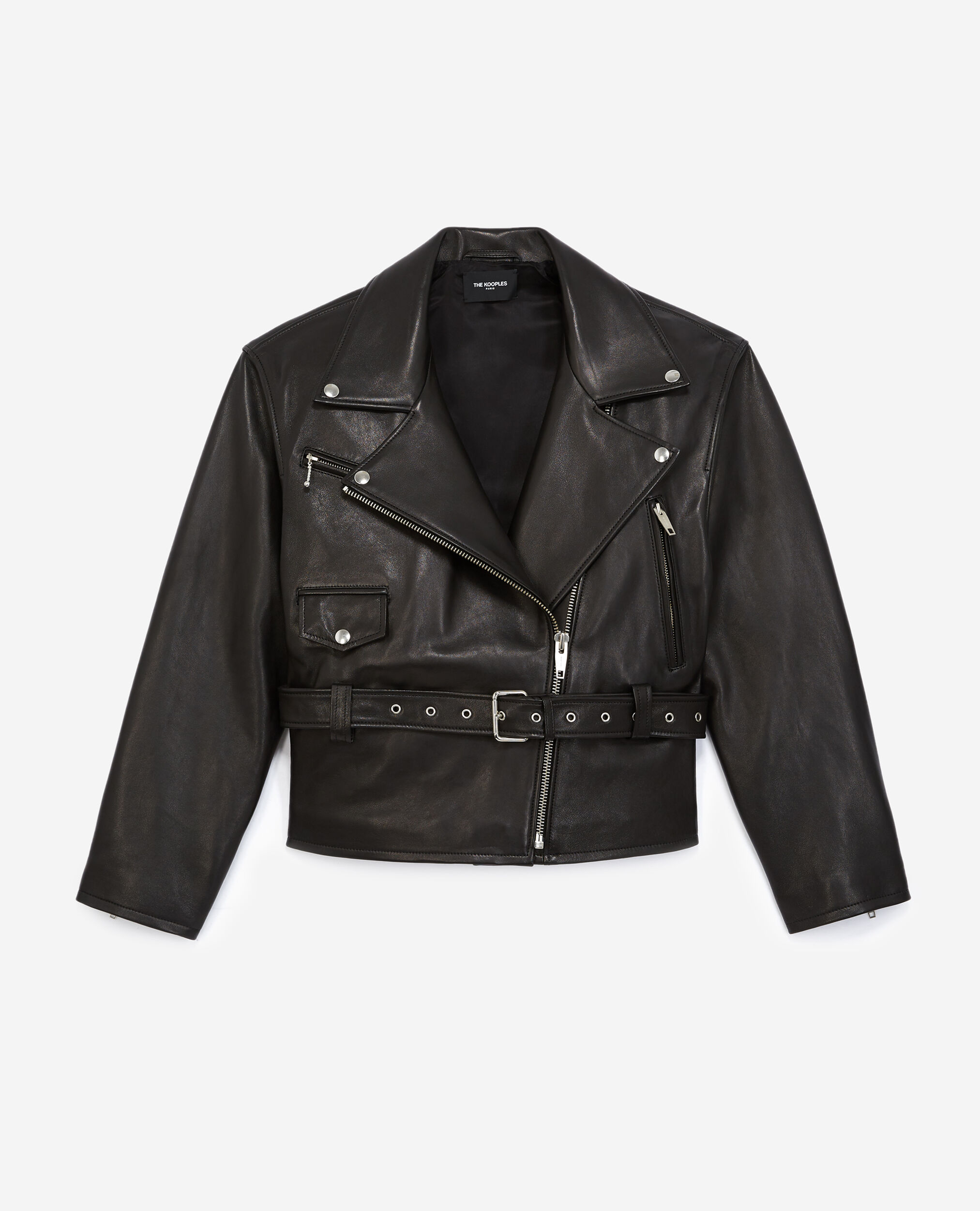 Belted biker-style black leather jacket, BLACK, hi-res image number null
