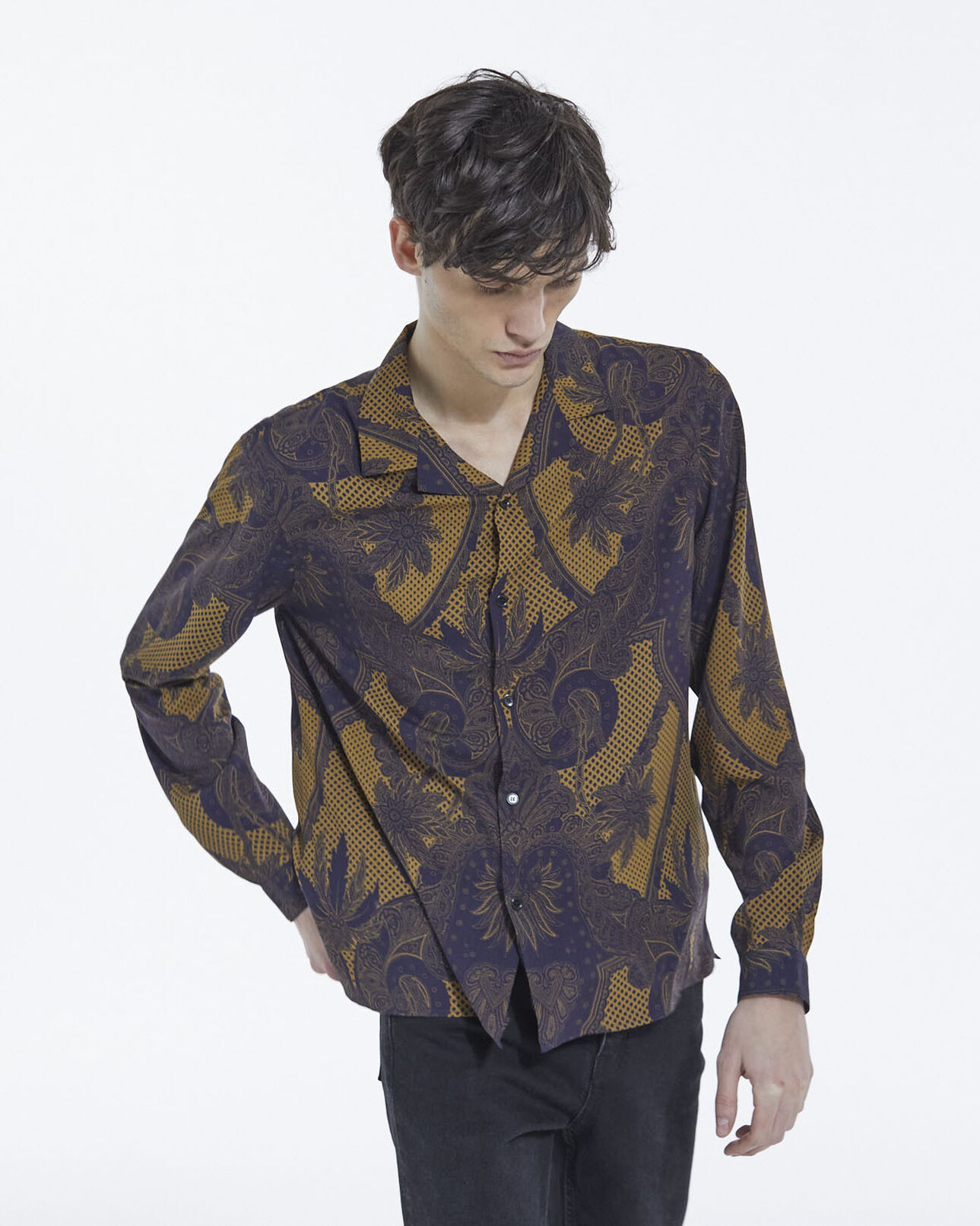 The Kooples MEN NAVY / BROWN chic navy blue shirt with bandanna motif