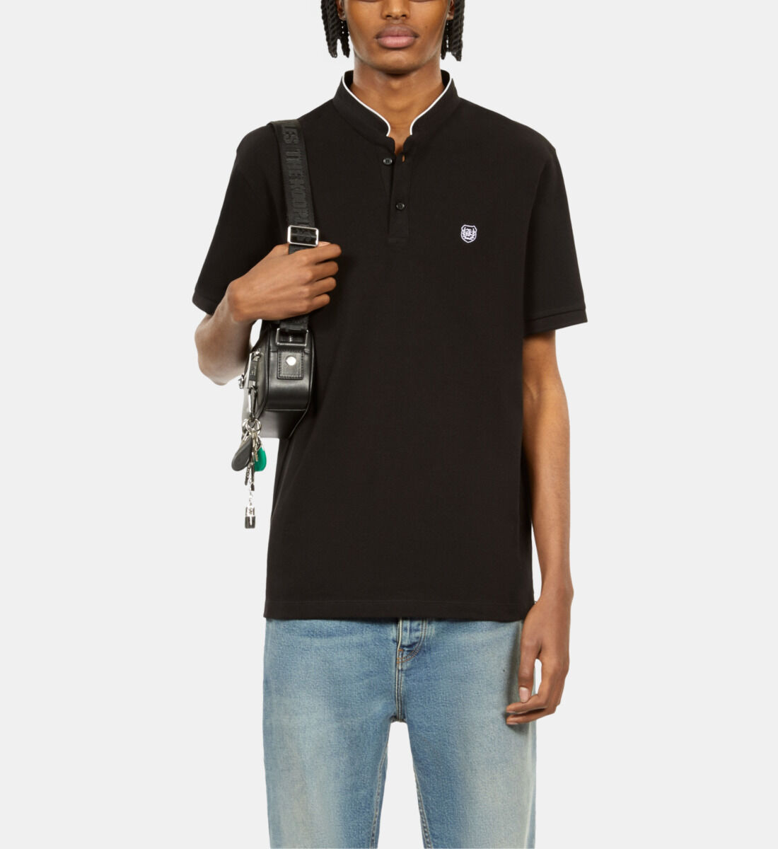 Black pique cotton polo t-shirt