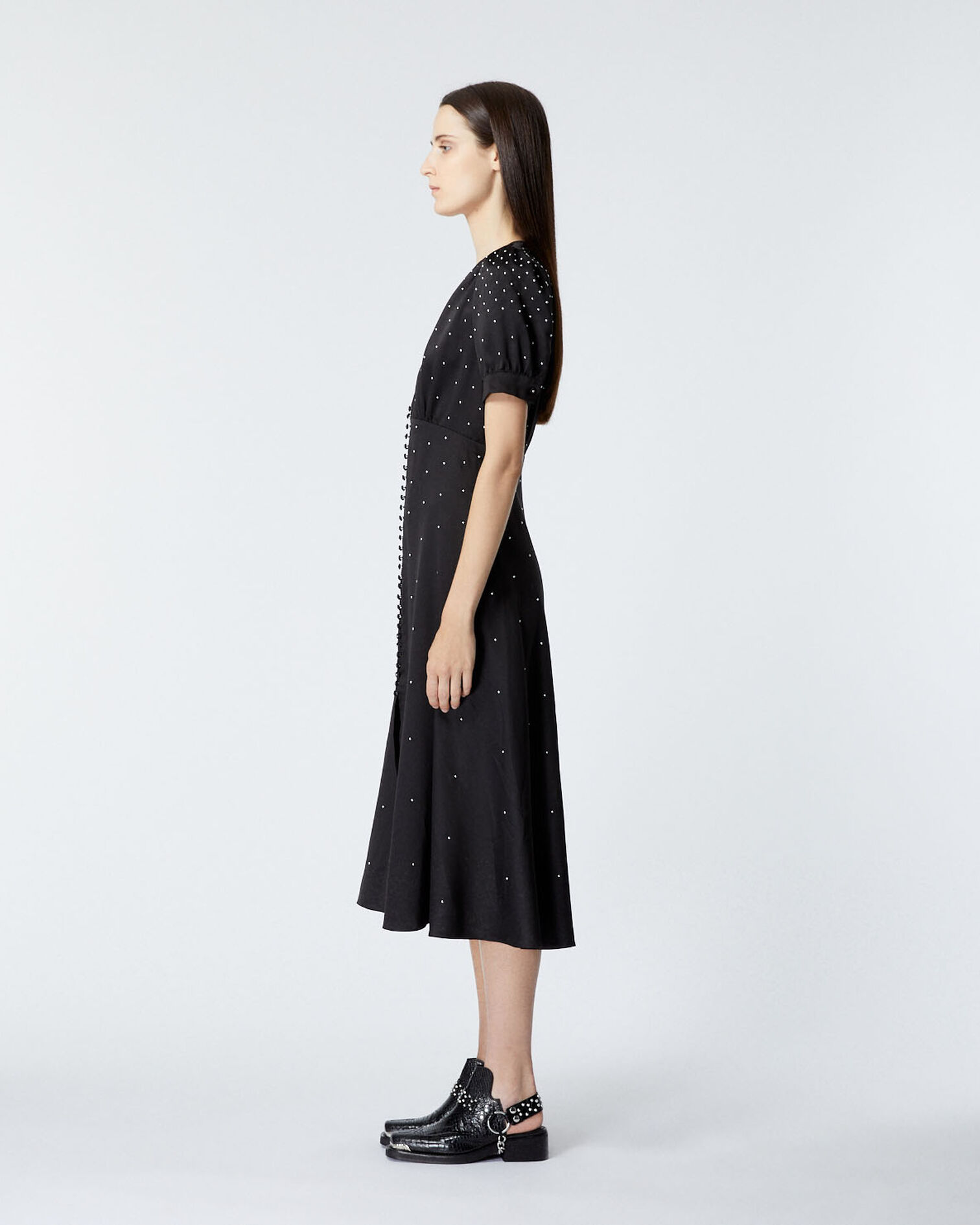 Satin long black dress with studs, BLACK, hi-res image number null
