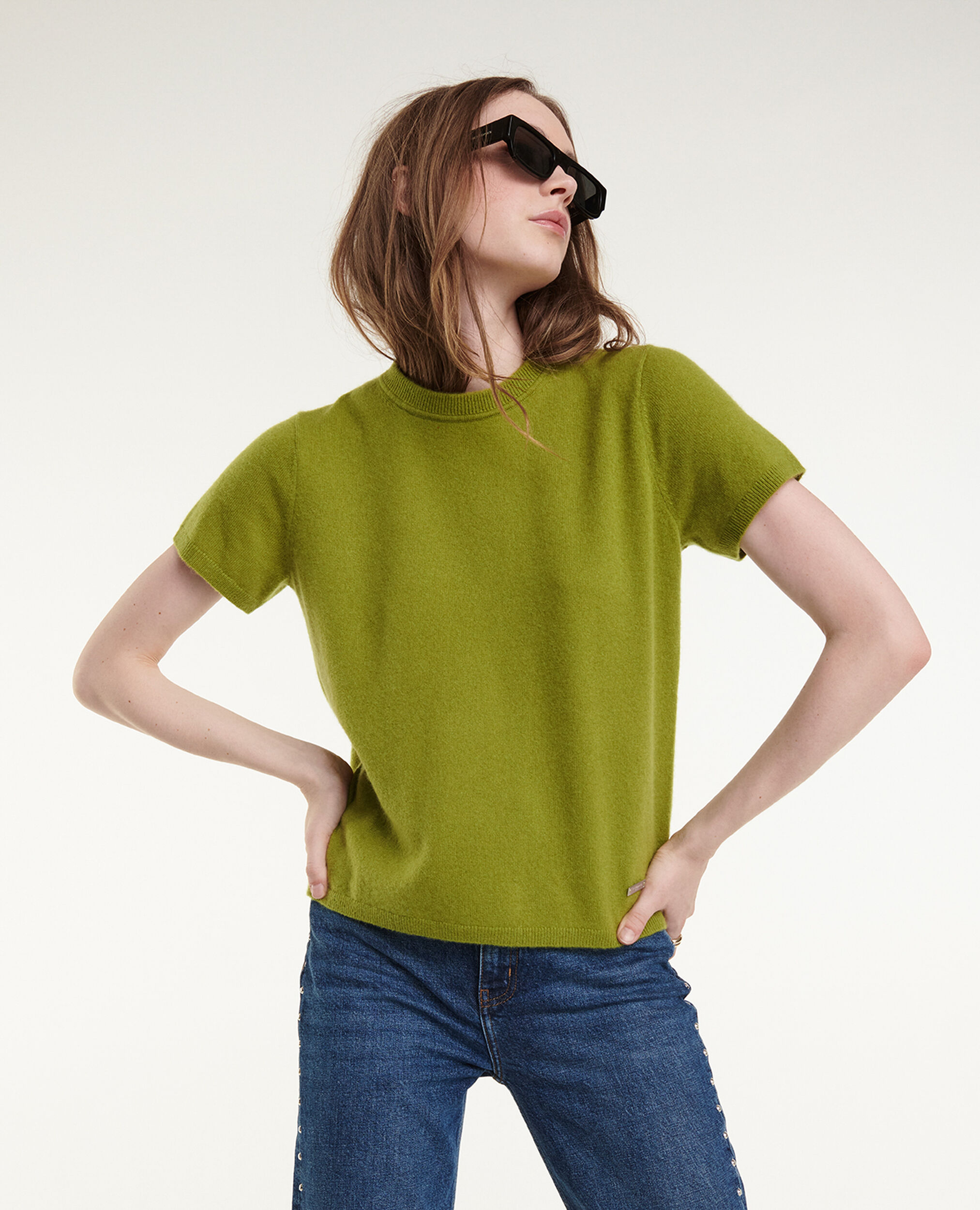 Fitted green crew neck cashmere sweater, GREEN, hi-res image number null