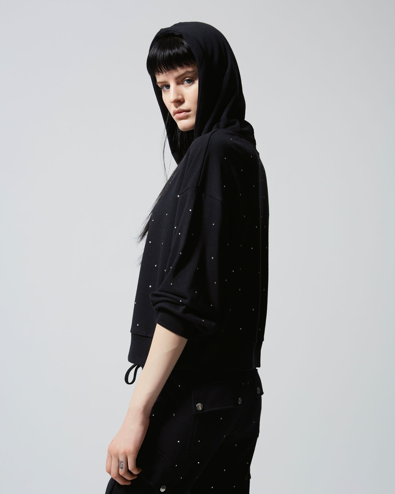 Black hoodie with rhinestones all over, BLACK, hi-res image number null