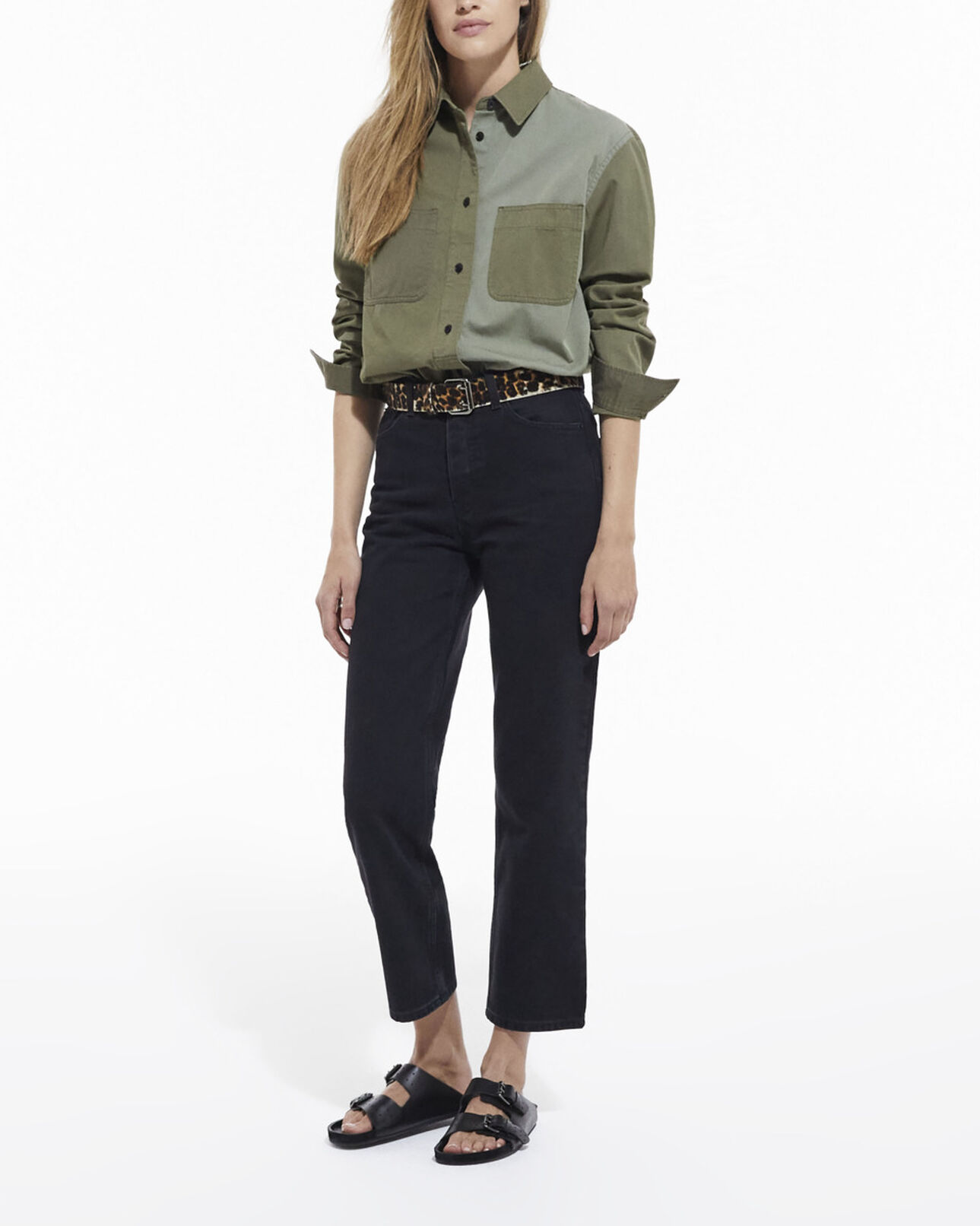 The Kooples WOMEN OLIVE NIGHT khaki patchwork denim shirt