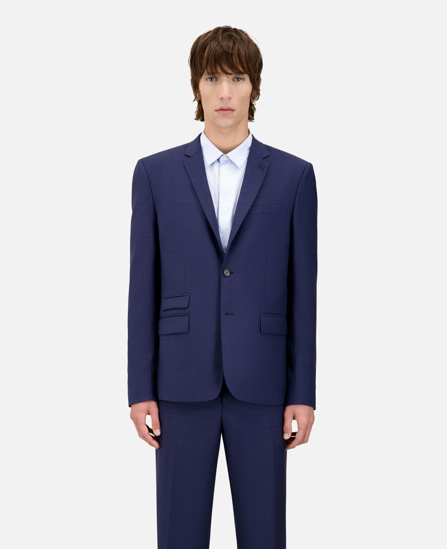 navy blue micro-check wool suit jacket