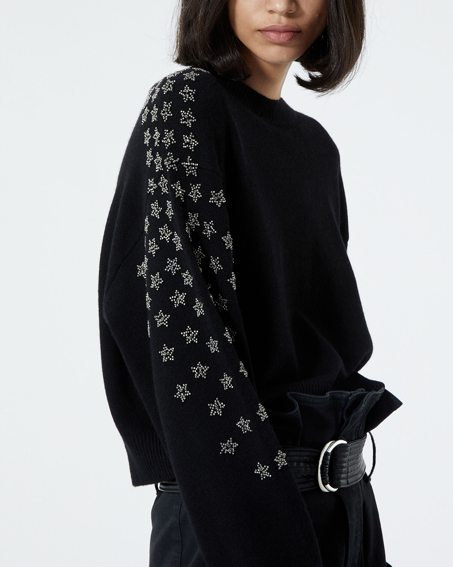 Black cashmere and wool sweater w/rhinestone, BLACK, hi-res image number null