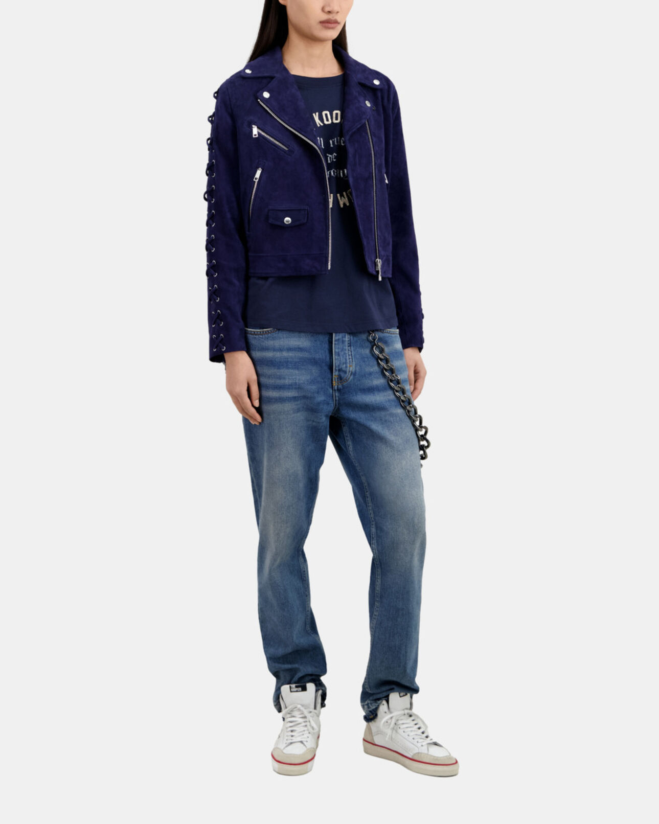 The Kooples WOMEN DARK BLUE navy blue suede leather biker jacket
