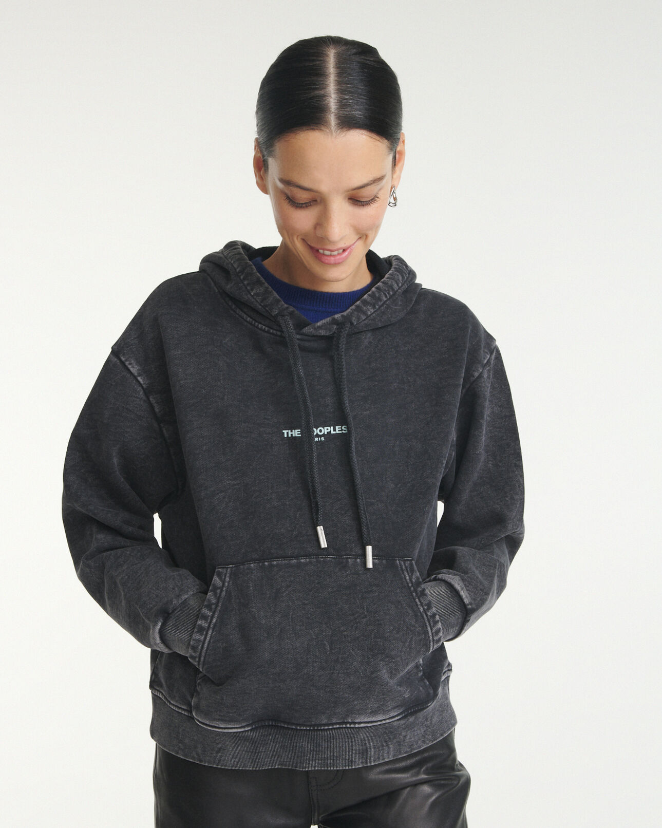The Kooples WOMEN BLACK WASHED faded hoodie with contrasting logo