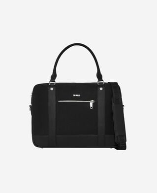 The Kooples HOMME BLACK porte-documents en canvas et cuir grain&eacute; noir