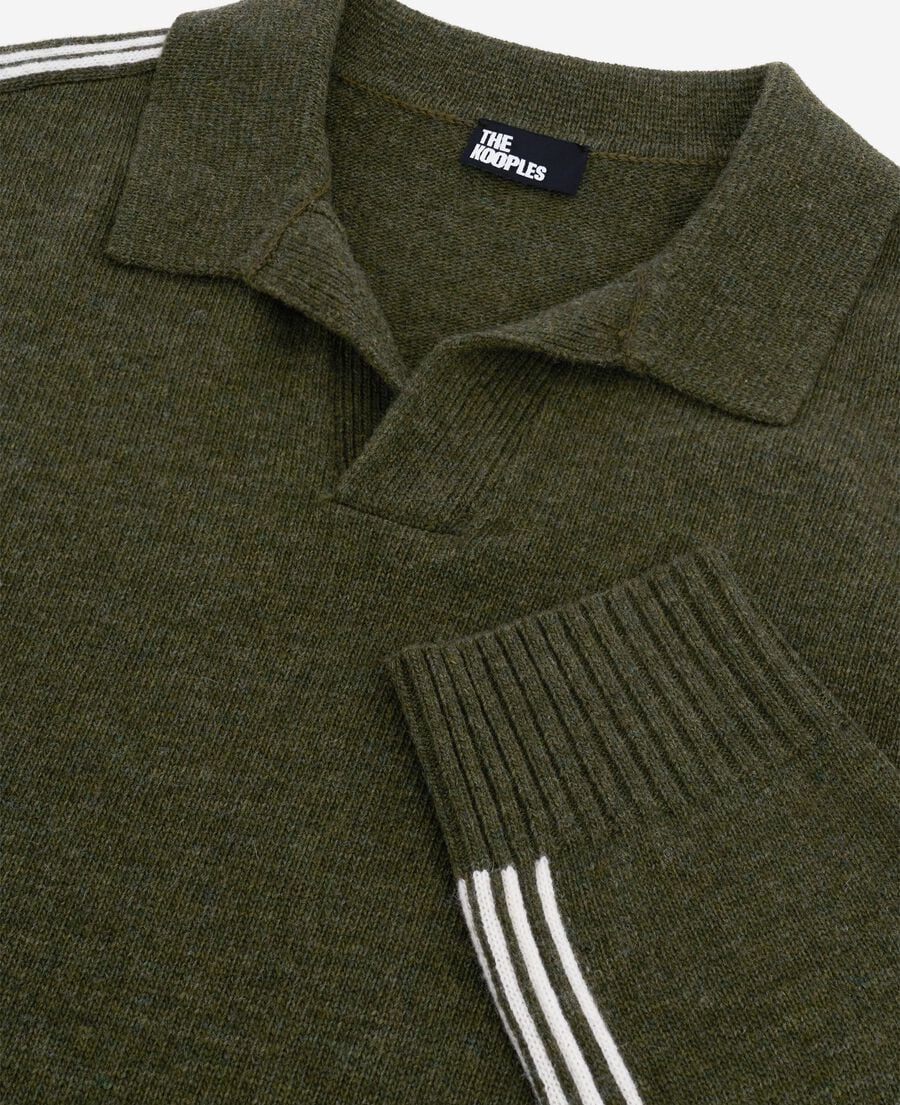 The Kooples MEN GREEN polo neck wool sweater with contrasting khaki stripes