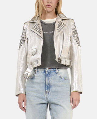 The Kooples WOMEN 52 ARGENT VIEILLI CORNE studded silver leather jacket