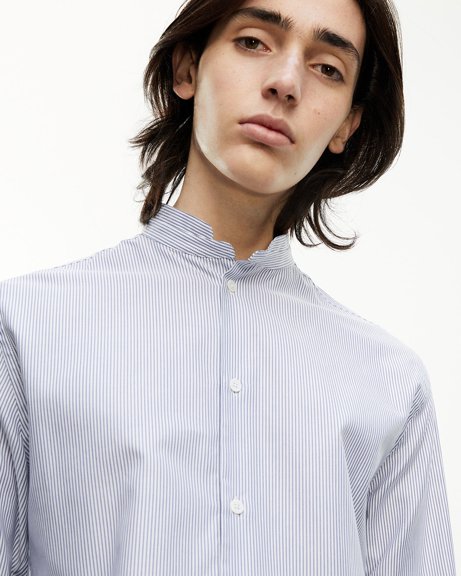 Blue and white officer-collar shirt, WHITE - BLUE, hi-res image number null