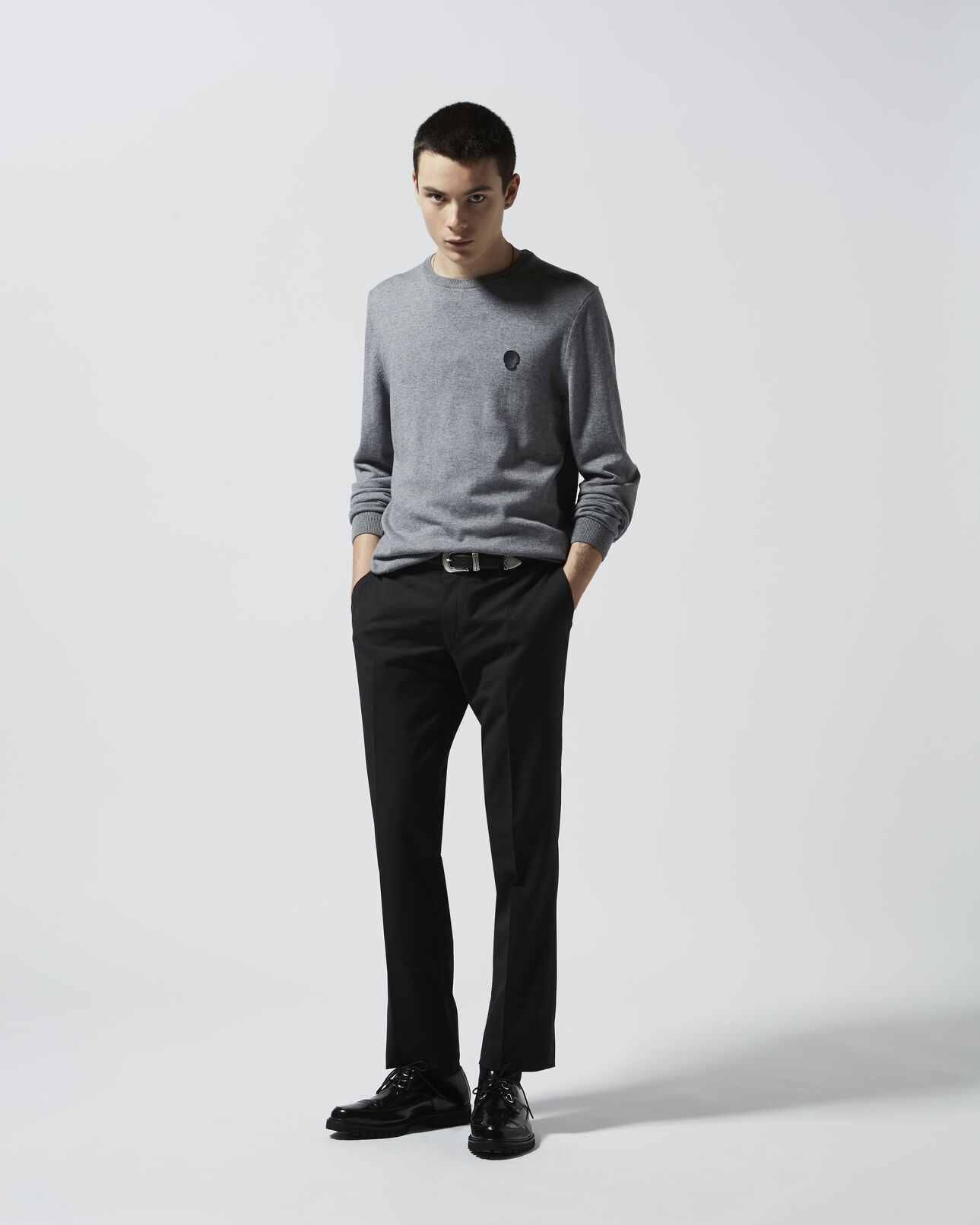 The Kooples HOMME LIGHT GREY CHINE pull gris clair laine mélangée brodé