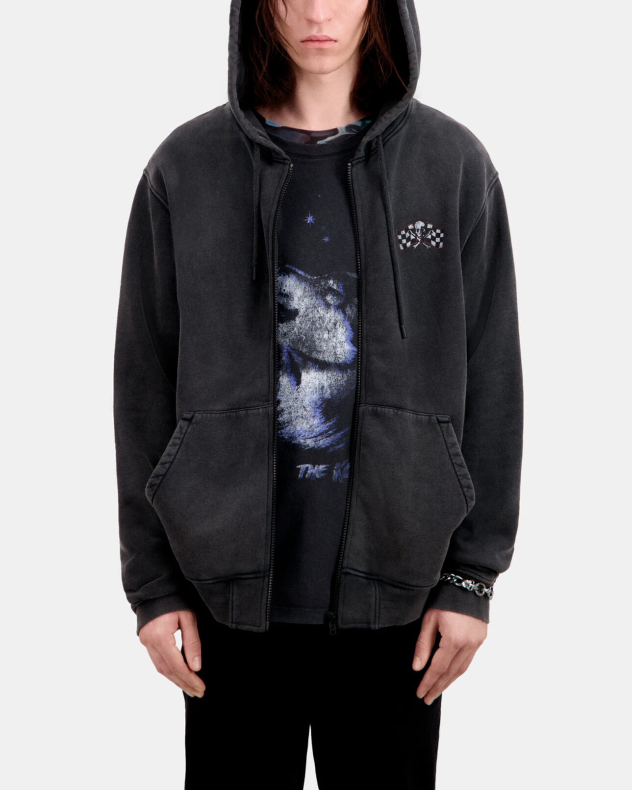 The Kooples HOMME BLACK WASHED sweatshirt homme à capuche noir avec sérigraphie racing skull