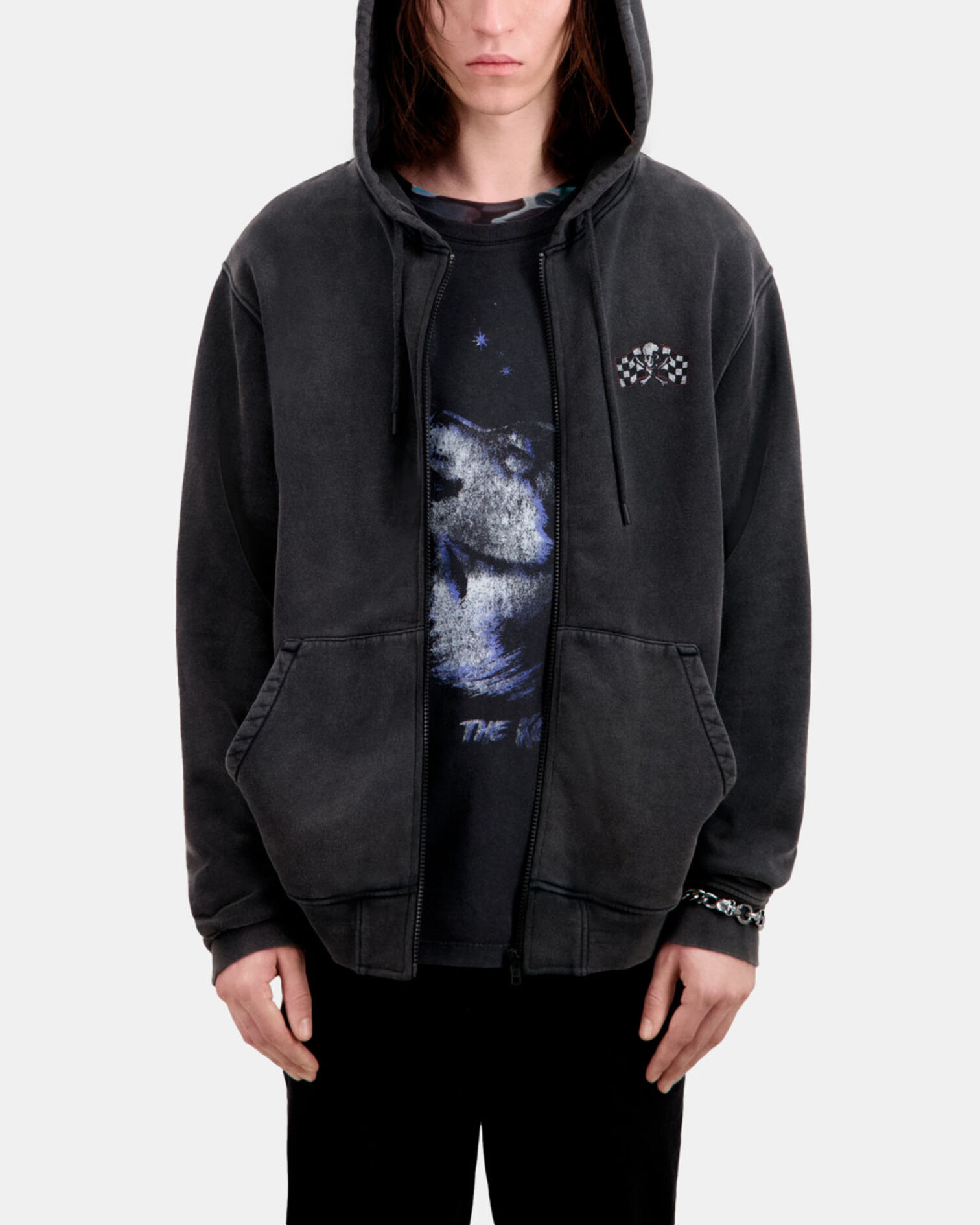Sweatshirt Homme à capuche noir avec sérigraphie Racing skull, BLACK WASHED, hi-res image number null
