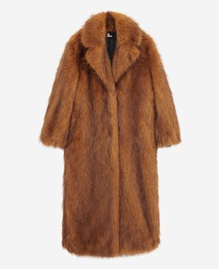 The Kooples FEMME CHOCOLATE manteau long effet fourrure marron
