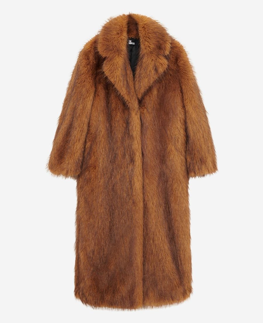 The Kooples FEMME CHOCOLATE manteau long effet fourrure marron