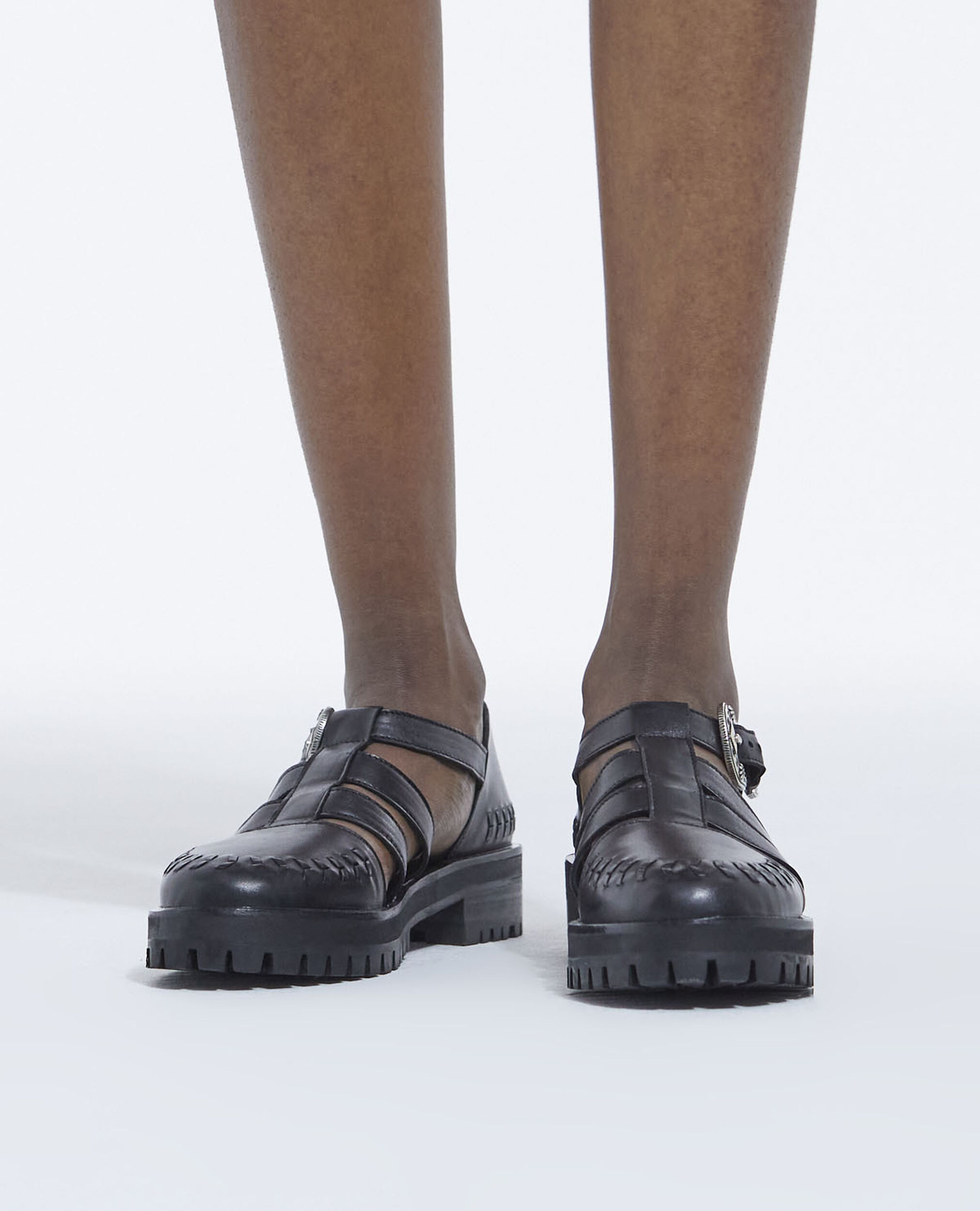 Western flat black sandals in smooth leather, BLACK, hi-res image number null