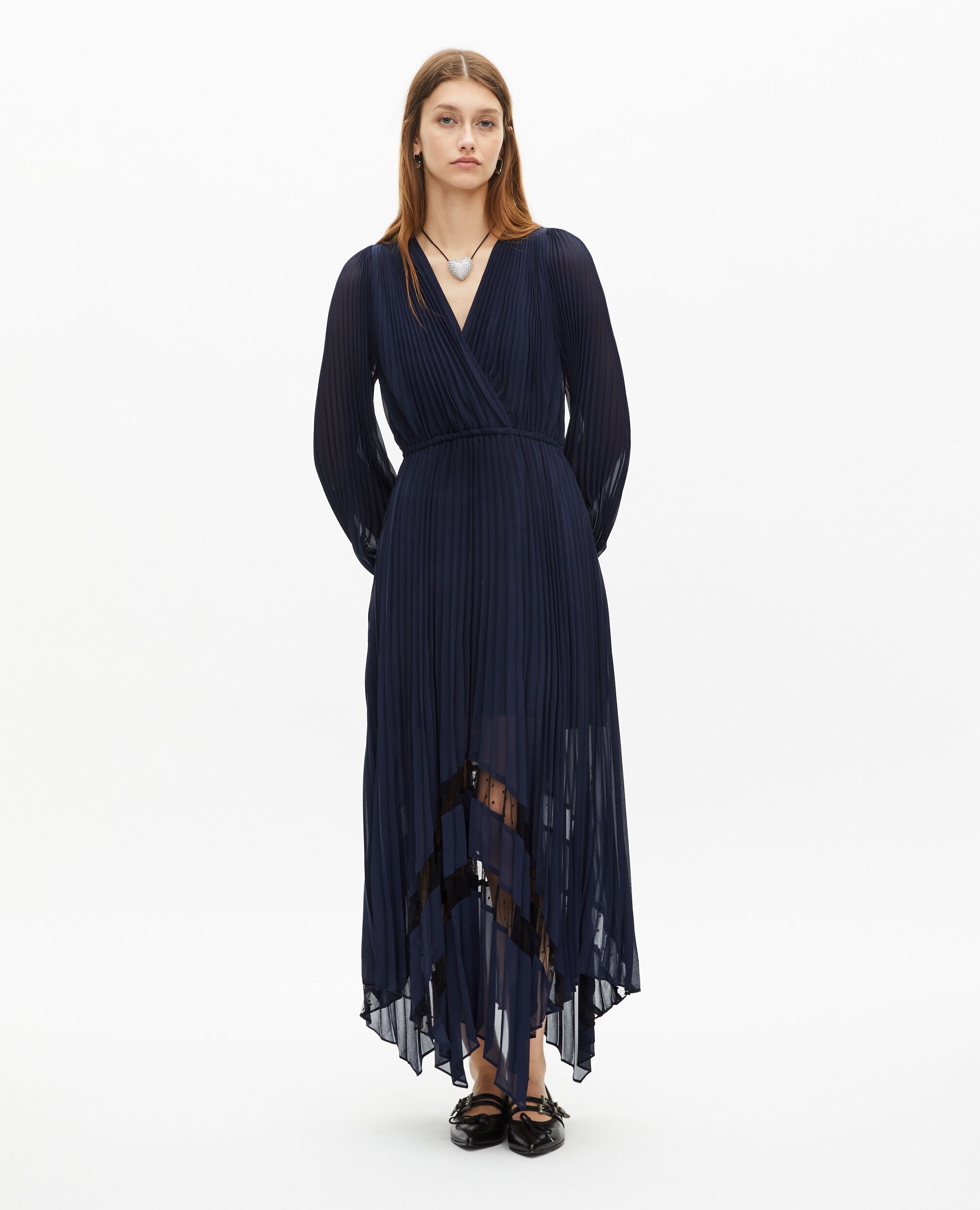 Robe longue plissée avec dentelle bleu marine, NAVY, hi-res image number null