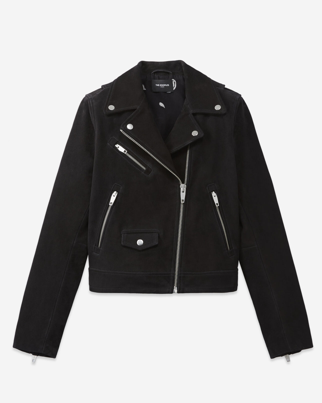 The Kooples DAMEN BLACK schwarzfarbene bikerjacke aus veloursleder