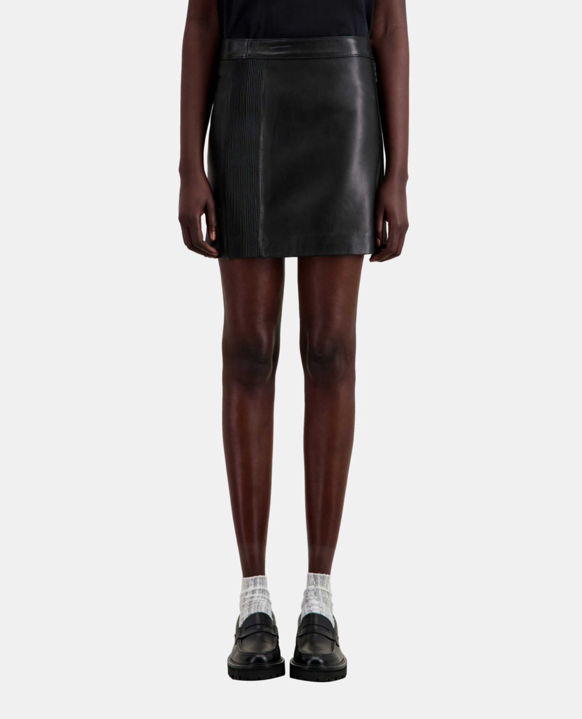 Short black leather skirt with zip and pintuck details, BLACK, hi-res image number null