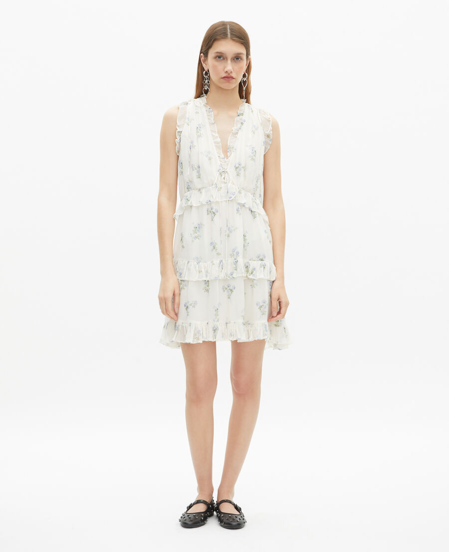 The Kooples F WHITE / SKY BLUE white floral print short dress with ruffles