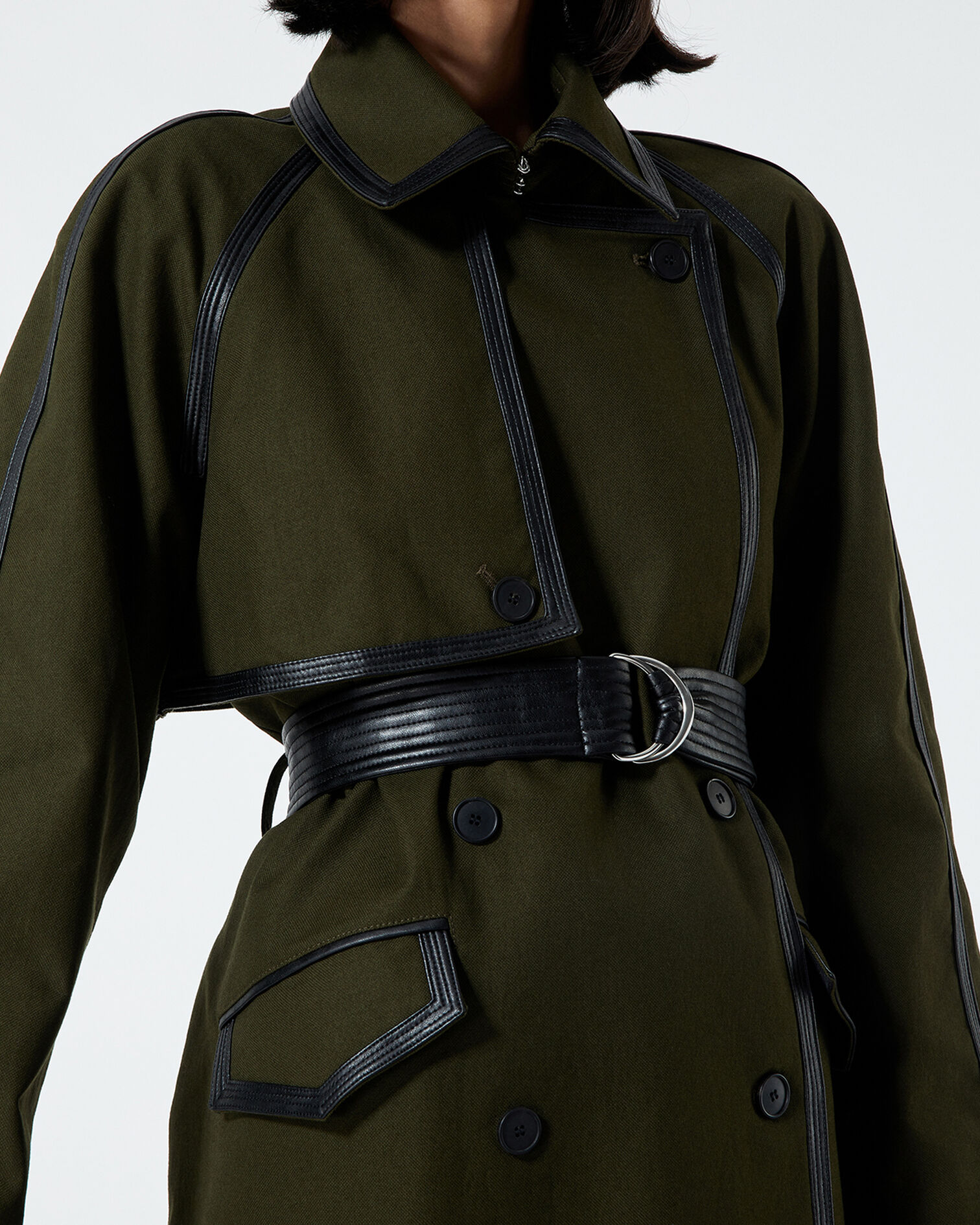 Cotton trench coat with leather belt in millitary green, KAKI, hi-res image number null