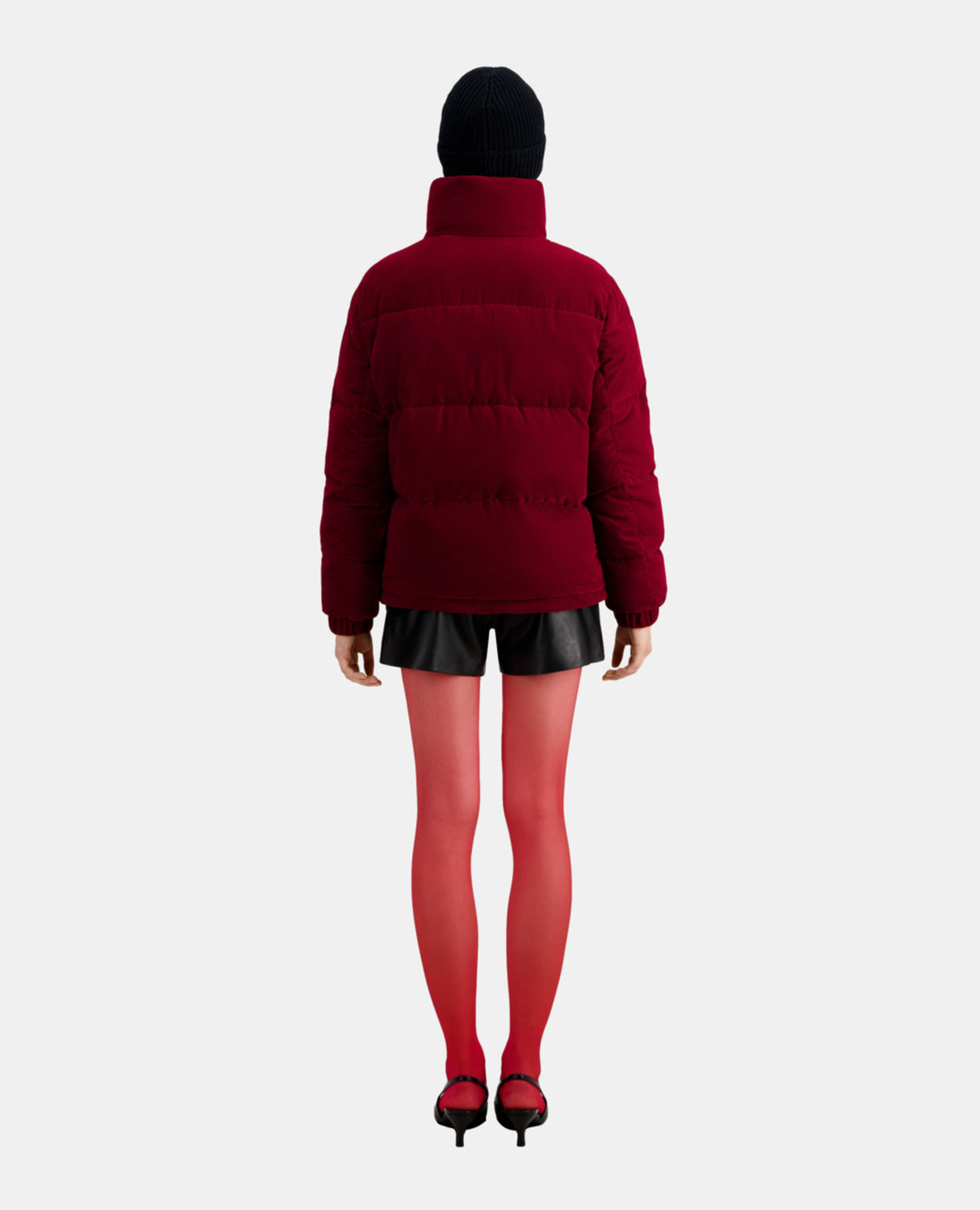 Burgundy velvet puffer jacket, DARK BURGUNDY, hi-res image number null