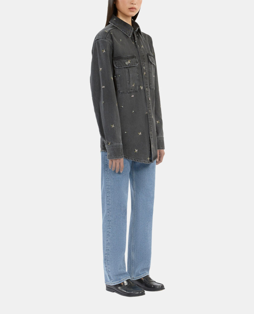 The Kooples WOMEN GREY grey denim overshirt with floral embroidery