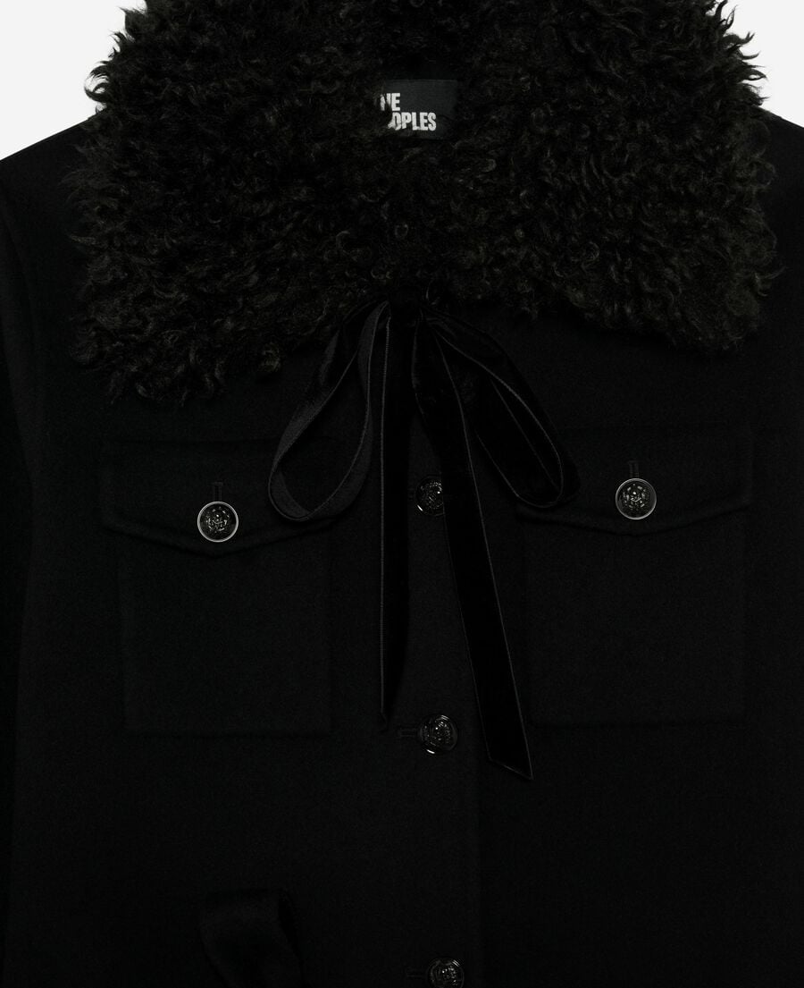 The Kooples WOMEN BLACK long double-faced coat with black sherpa collar