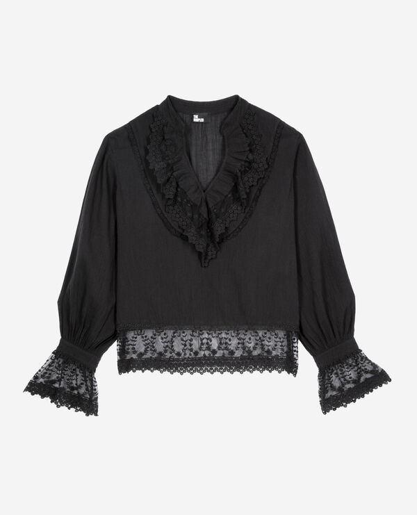 The Kooples FEMME BLACK blouse avec guipure noire