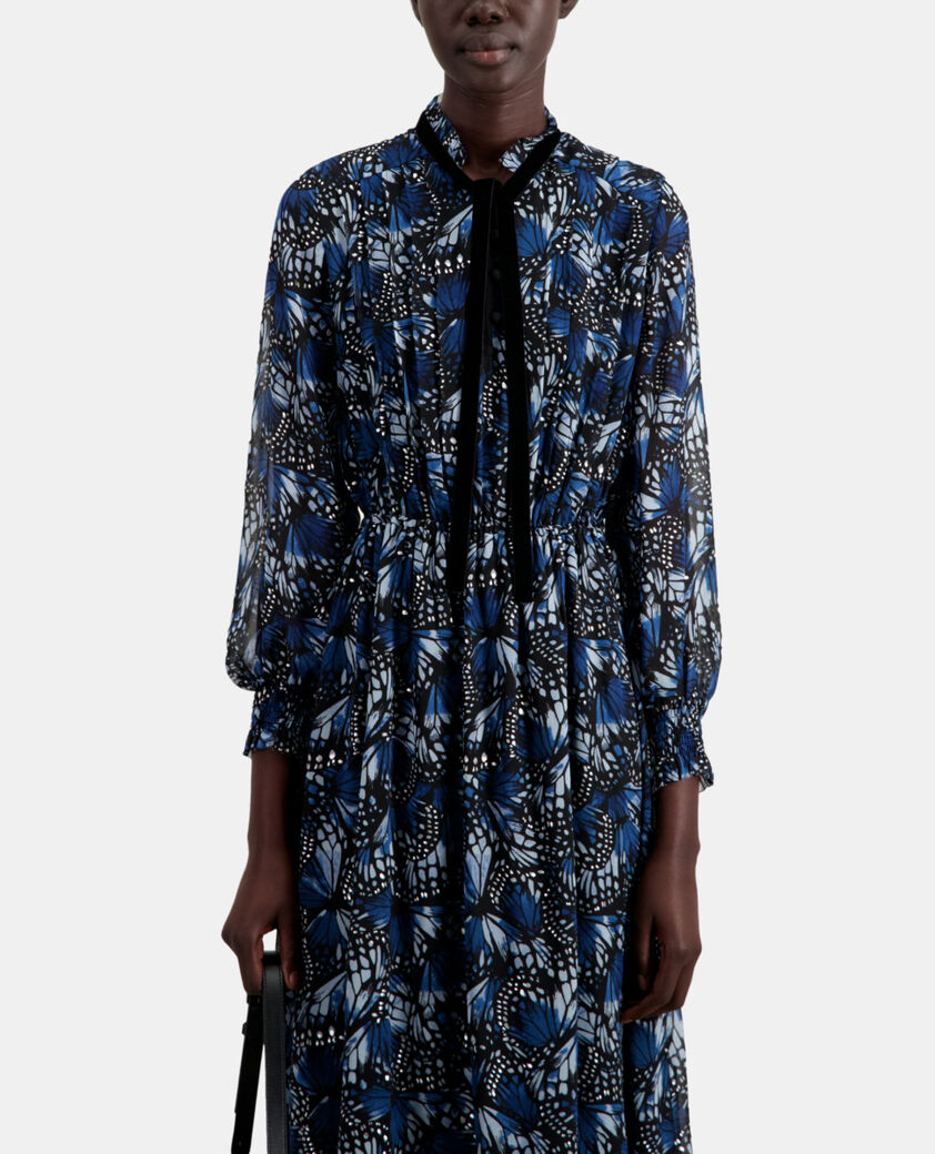 The Kooples WOMEN BLUE long printed dress with pleating