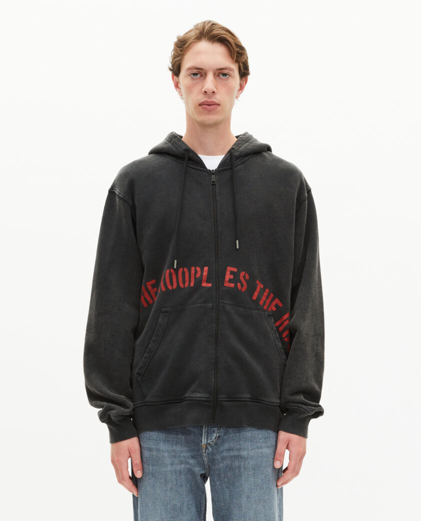 The Kooples MEN BLACK WASHED zipped sweatshirt with black silk-screen print