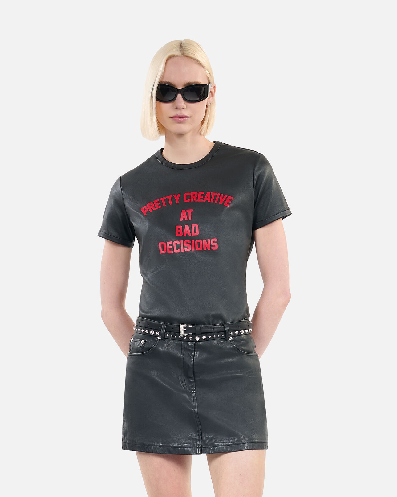 The Kooples WOMEN BLACK black leather pretty creative serigraphy t-shirt