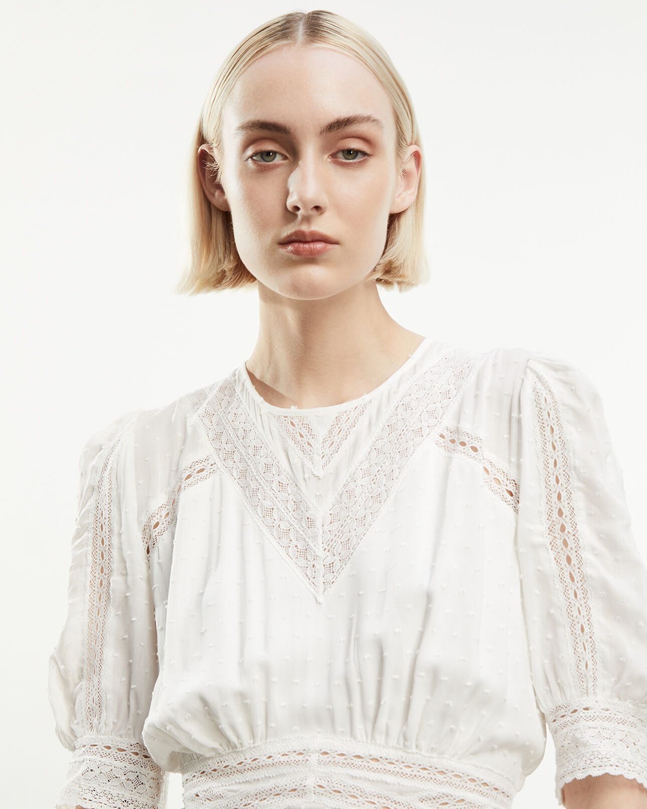 The Kooples MUJER ECRU vestido largo blanco crudo bandas encaje