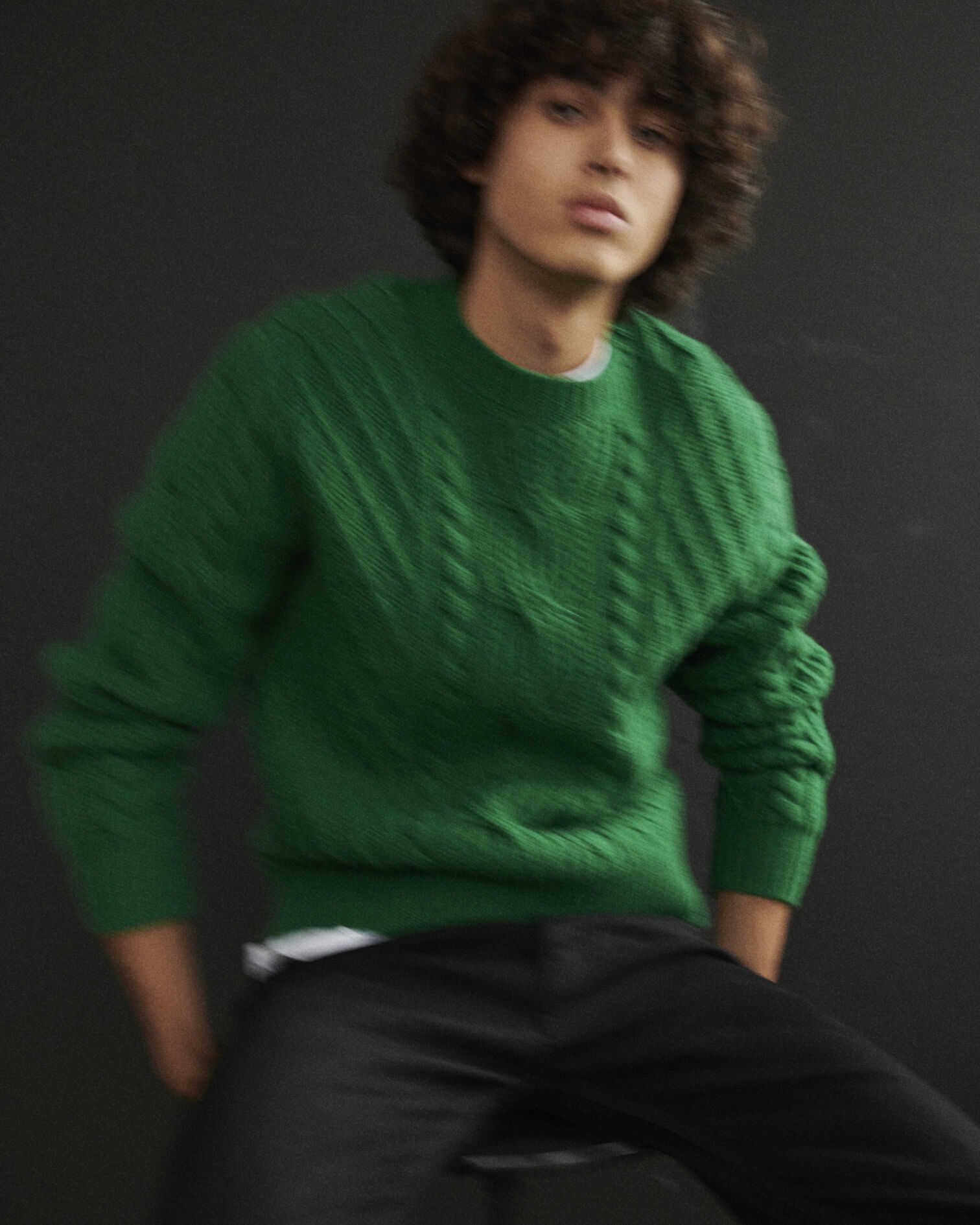 Green wool cable knit sweater, FOREST, hi-res image number null