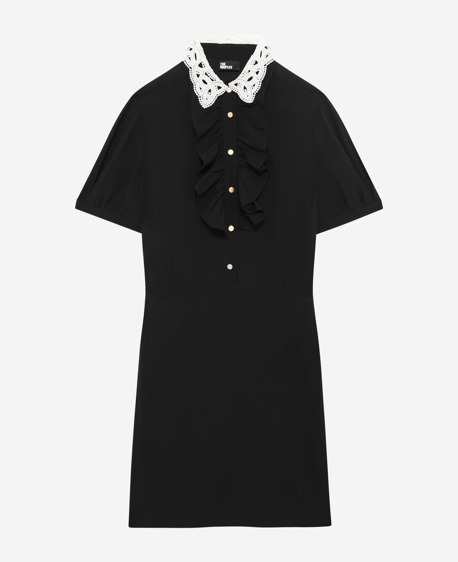 The Kooples FEMME BLACK robe à col brodé contrasté courte noire