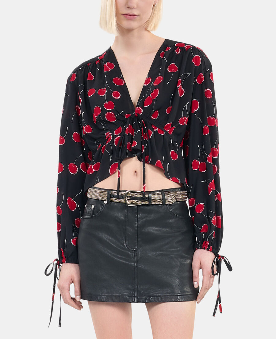 The Kooples FEMME BLACK - RED top court &agrave; imprim&eacute; cerise avec volants